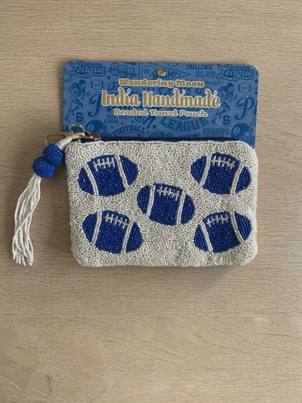 Wandering Moon Blue Football Beaded Travel Pouch Handmade Zip Bag - Picture 2 of 6